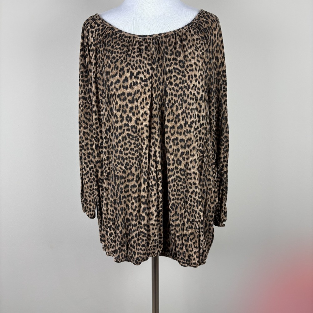 Michael Kors Top Womens XL Brown Leopard Animal Print Scoop Neck 3/4‎ Sleeve